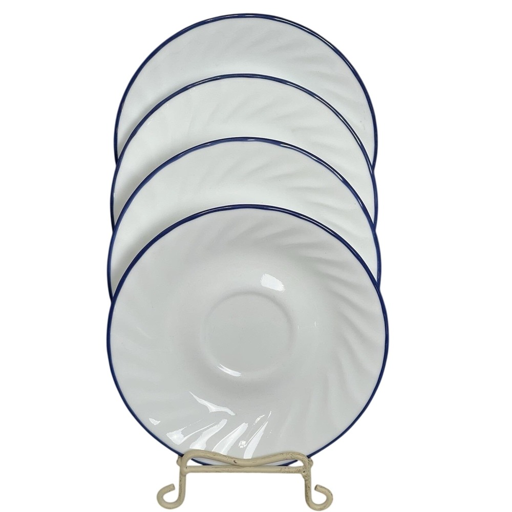 Corelle Fluer Blue Swirl White‎ Saucers Rim  Blue Border 6.25" SET OF 4